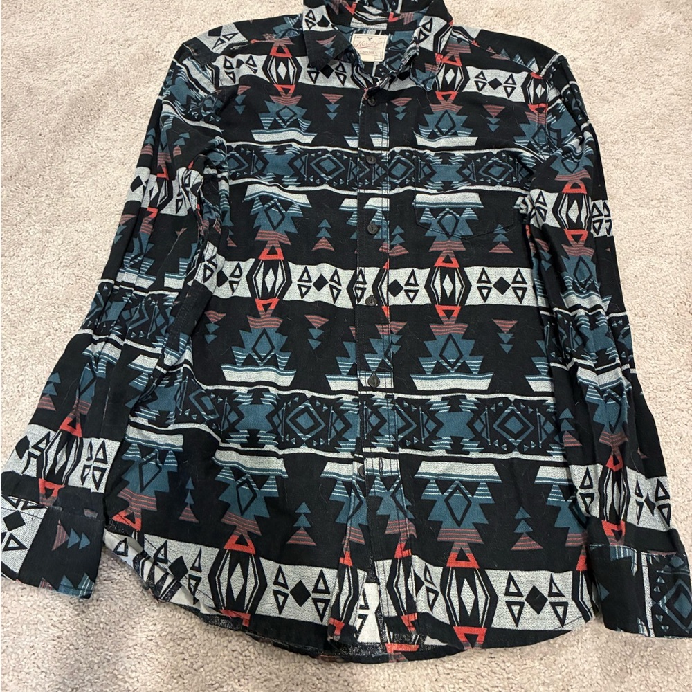 American Eagle Outfitters Black Aztec Button-Down Shirt with Teal & Red Accents